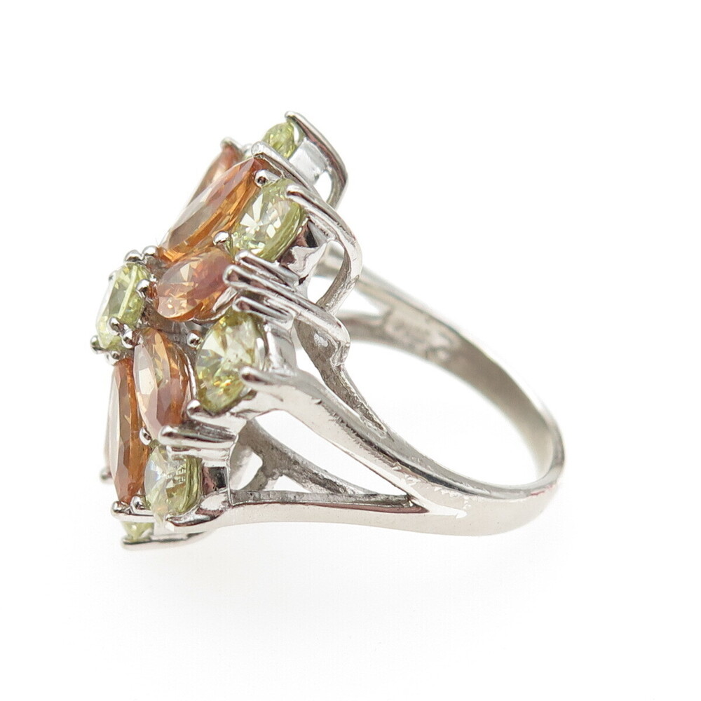 925 Sterling Silver Marquise-Cut Orange & Round-Cut Green C Z Ring Size 7.25 - Picture 4 of 8